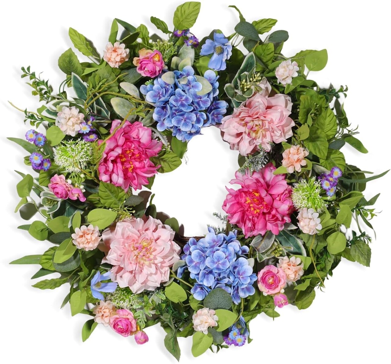 24 inch Summer Wreath for Front Door, Artificial Floral Wreaths with Green Leaves Daisy Peony Hydrangea Eucalyptus for Porch Patio Garden Wall Decor,Indoor Outdoor Party Holiday Decoration